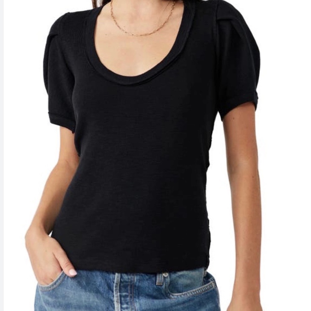Free People We‎ The Free Black Puff Sleeve Scoop Neck Cotton Top Small NWT $68